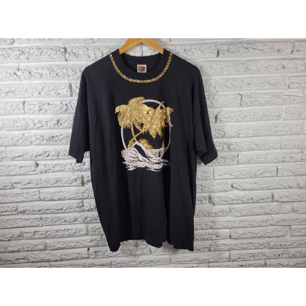 Fruit of the Loom XXL Black T-Shirt Plus Size Gold Glitter Tropical Crew BLA41E